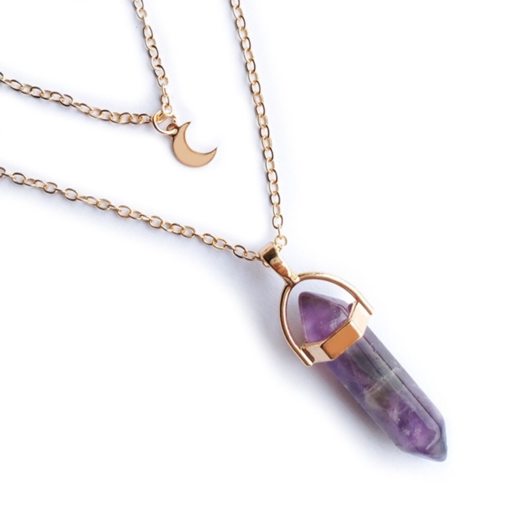 Gold Amethyst Necklace with a dainty moon